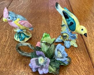 Vintage Italian Capodimonte Porcelain Candle Holder, 2 Stangl Bird Figurines, Warbler Cardinal
