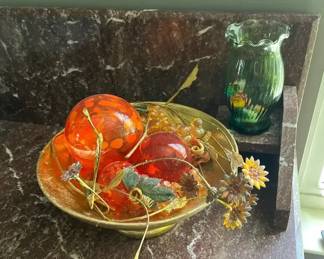 Metal Bowl Centerpiece With Glass Fruit and Flowers Glass Vase With Glass Candy