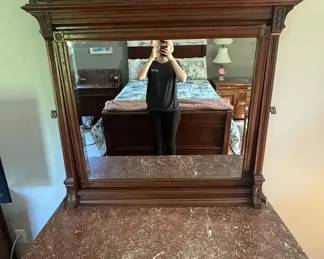 05 Antique Victorian Marble Top Dresser with Mirror, Ornate Carvings, Drop Pulls
