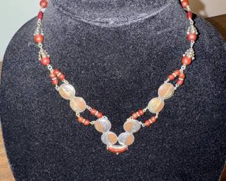 Vintage Silver Tone Coral Bead Medallion Statement Necklace