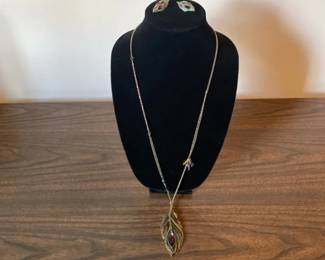 Metal Peacock Feather Pendant Necklace And Earrings