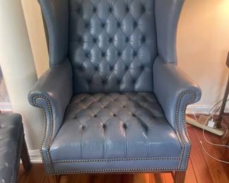 Vintage Blue Leather Chesterfield Style Wingback Chair And Ottoman