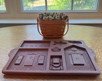 Longaberger Gingerbread House Mold Tray and Basket Set w Floral Liner, Vintage 1990s