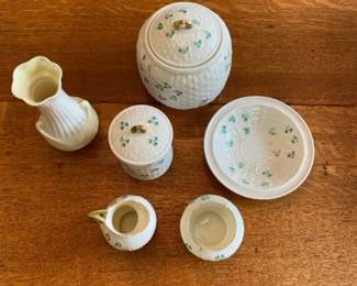 Vintage Belleek Irish China Set Featuring a Shamrock Pattern and Basketweave Design