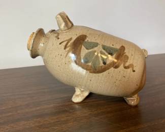 Handcrafted Ceramic Studio Art Pottery Piggy Coin Bank, Cork Nose w Speckled Glaze Finish, Signed