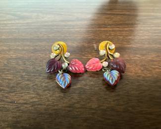 Vintage Iridescent Lucite Leaf and Faux Pearl Botanical Earrings