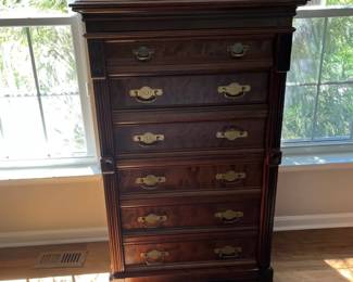 Victorian Eastlake Antique Walnut and Burl SixDrawer Tall Chest of Drawers