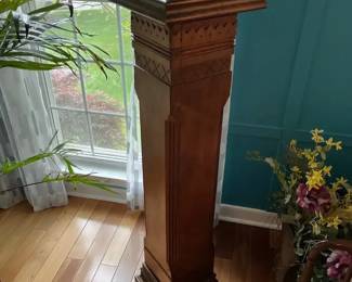 Antique Carved Wooden Newel Post Pedestal with Green Marble Top
