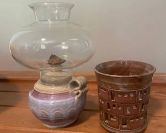 Vintage Ceramic Oil Lamp With a Glass Globe and a Brown Pottery Candle