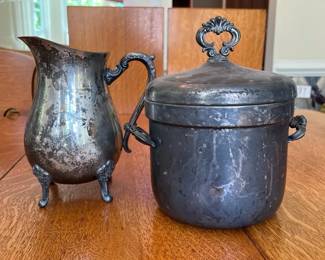 Vintage F. B. Rogers Silverplate Ice Bucket w Milk Glass Liner, Leonard Silverplate Footed Pitcher