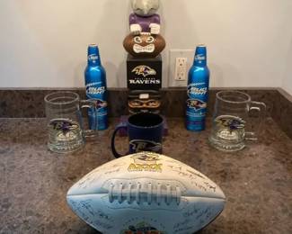 Baltimore Ravens Memorabilia Signed 2001 Super Bowl Football, Garden Tiki Totem, Beer Mugs, More