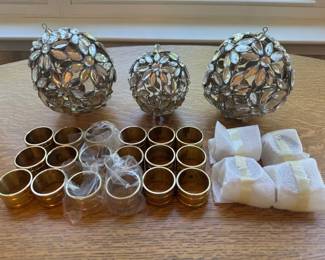 Decorative Rhinestone Mosaic Orb Spheres and Ribbed Gold Tone Napkin Rings