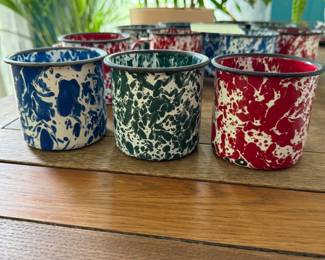 Enamelware Splatterware Mugs 12 Red, Green, and Blue MarbledSwirled Design