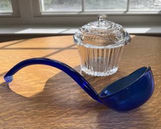 Vintage Cobalt Blue Glass Ladle and Cupcake Candy Dish
