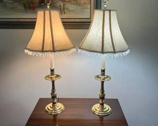 Pair 2 Gold Lamps with Candlestick Base and Beaded Fringe