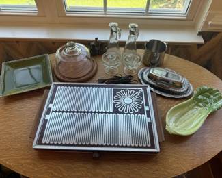 Vintage Kitchenware Lot, Salton Warming Tray, Dolphin Teak Server w Glass Cloche, Irvinware, MORE