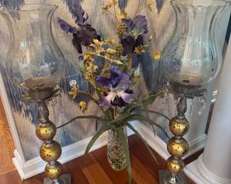 Pair of Vintage Hurricane Candle Holders with Crystal Accents and Faux Floral Arrangement
