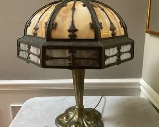 Antique Slag Glass Table Lamp with Detailed Scrolling Metal Overlay, Pedestal Base