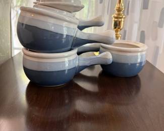 Vintage TwoTone Ceramic Soup Bowls with Handles Lids 7 Bowls, 6 Lids