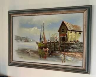 04 Original John Luini Framed Nautical Harbor Oil Painting on Canvas Signed