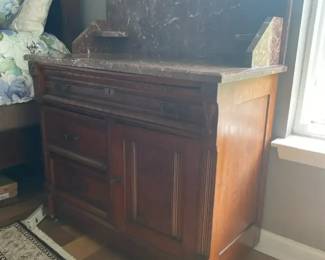 Antique Victorian Walnut Washstand with Marble Top, Carved Details, Brass Drop Pulls