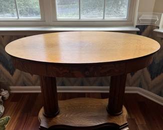 Antique American Empire Tiger Oak Oval Library Table Center Desk with Drawer