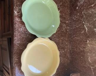 Pair 2 Decorative Pastel Green and Yellow Ceramic Plates