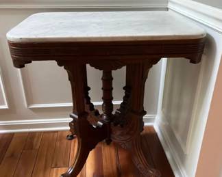 Antique Victorian Eastlake Style White Marble Top Parlor Table Geometric Base with Casters