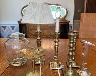 Vintage Etched Glass Ginger Jar, Brass Candlesticks, Pierced Gold Plate Lovelace Pedestal, MORE