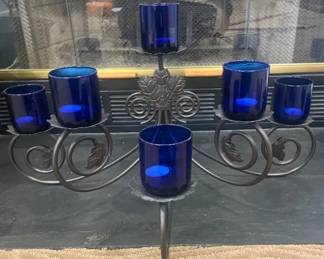 Minuteman International Galaxy Wrought Iron Candelabra With Blue Glass Votive Cups