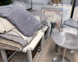 Bedding, end tables, art