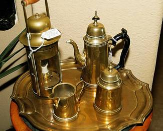 Vintage Italian Brass Tea Service & Brass Miner's Lamp
