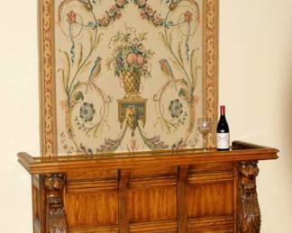 Vintage Lion's Head Oak & Brass Bar and Vintage Italian Tapestry