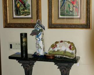 Framed Parrot Lithos (3), Japaneese Shell Art, Italian Ceramics