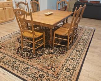 Oak Table and 6 Chairs Leaf Inside 41 wide x 63 long Rug 99 x 135