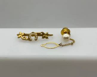 Gold Tone and Pearl Pin and Tie Tack
