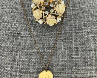 Creamy Carved Rose and Crystal Brooch with Matching Necklace