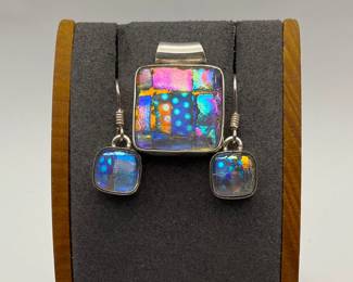 Silver Dichroic Glass Earrings and Pendant Set
