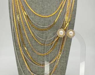 D'Orland Multi Strand Gold & Silver Tone Fashion Necklace with Faux Pearl and Rhinestone Earrings