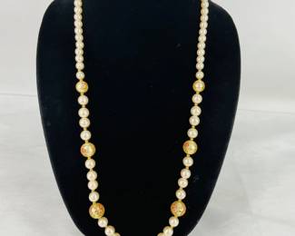 Vintage Japanese Faux Pearl Necklace with Hand Painted Floral Beads