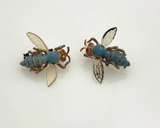 Vintage Blue and Gold Fuzzy Bee Brooches