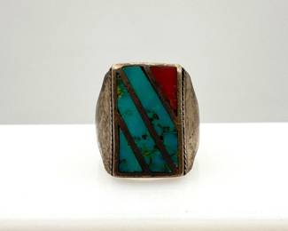Vintage Silver Turquoise and Coral Ring