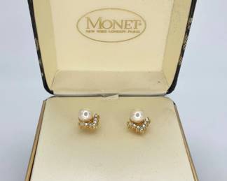 Monet Faux Pearl and Rhinestone Earrings
