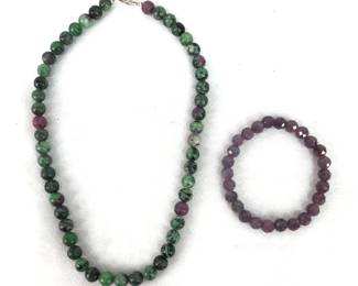 Ruby and Zoisite Beaded Necklace with Ruby Beaded Bracelet