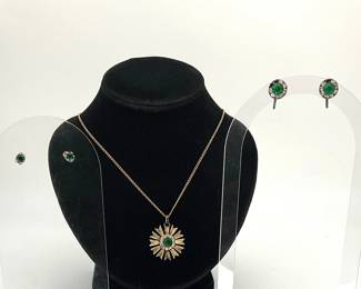 Vintage Green Rhinestone Necklace & Earrings