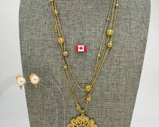 Pearl Earrings and Gold Tone Multi Strand Necklace