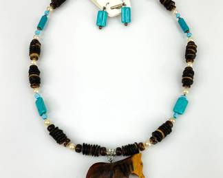 Turquoise, Wood, Pearl Necklace and Earrings