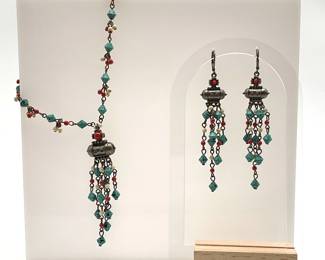 Turquoise and Coral Colored Beaded Necklace and Earring Set