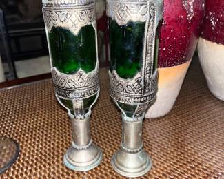 Vintage Turkish candlesticks green glass and silver plate metalwork