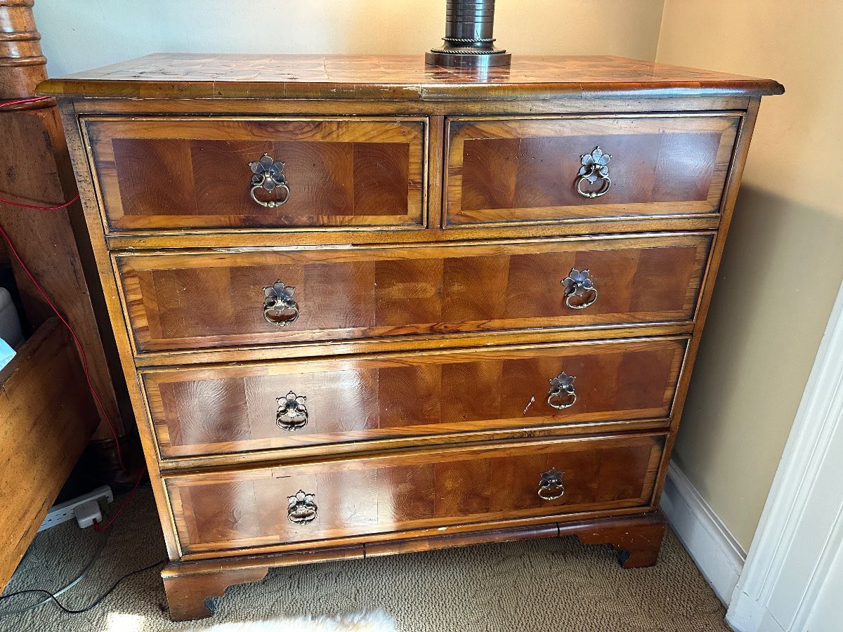 Gorgeous oyster veneer small chest of drawers 36"W x 21"D x 36"H (as is) - $500